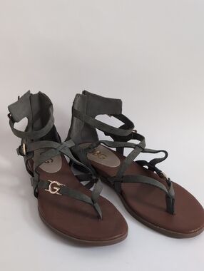 G by Guess Olive Suede Strappy Gladiator Sandals with Gold Logo
